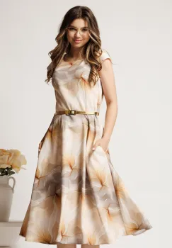 Rochie midi gri cu bej in clos cu buzunare si curea in talie imagine