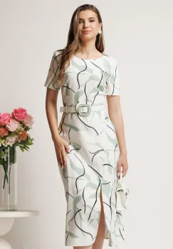 Rochie midi ivory cu imprimeu verde mint si curea detasabila in talie imagine