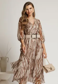 Rochie midi ivory din voal cu zebra print maro si curea in talie imagine