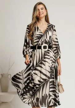 Rochie midi ivory din voal in clos cu imprimeu negru si curea in talie imagine