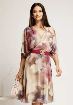 Rochie midi ivory din voal in clos cu imprimeu si curea fucsia imagine
