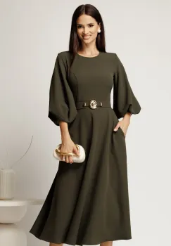 Rochie midi kaki din crep in clos cu maneci bufante si curea in talie imagine