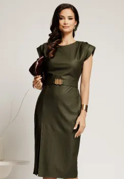 Rochie midi kaki din piele ecologica cu croi conic si curea in talie imagine