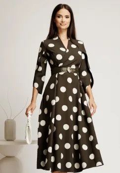 Rochie midi kaki din stofa in clos cu buline mari si curea in talie imagine