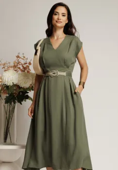 Rochie midi kaki din tencel in clos cu cu pliuri si curea in talie imagine