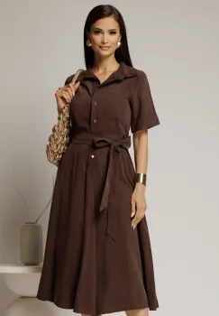 Rochie midi maro din tencel cu guler tip camasa si maneci scurte imagine