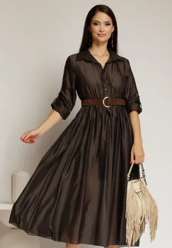 Rochie midi maro intens din tencel si curea maro in talie imagine