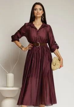 Rochie midi mov din tencel si curea maro in talie imagine