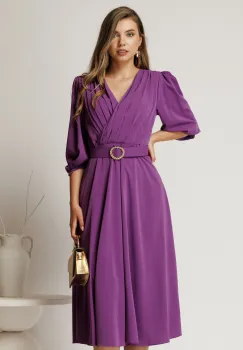 Rochie midi mov din triplu voal cu pliuri la bust si curea in talie imagine