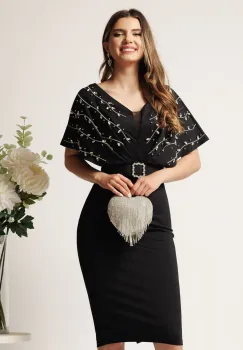 Rochie midi neagra din neopren conica cu strasuri pe bust si curea in talie imagine