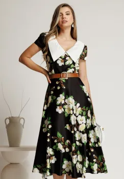 Rochie midi neagra din satin cu imprimeuri florale si curea in talie imagine