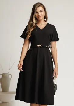 Rochie midi neagra din stofa subtire cu croi clos si curea in talie imagine