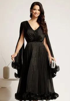 Rochie midi neagra din voal satinat in clos cu maneci ample si curea din strasuri in talie imagine