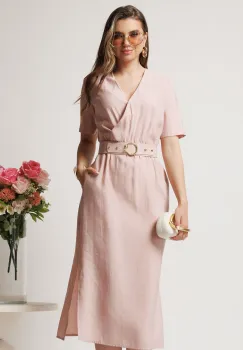 Rochie midi roz cu elastic si curea in talie imagine