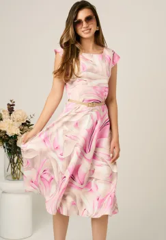 Rochie midi roz cu prin bej in clos cu buzunare si curea in talie imagine