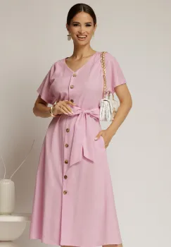 Rochie midi roz de zi din in tip camasa cu manecile scurte imagine