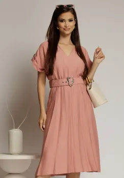 Rochie midi roz de zi din rayon cu decolteu V si curea in talie imagine
