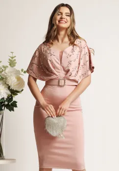 Rochie midi roz din neopren conica cu strasuri pe bust si curea in talie imagine