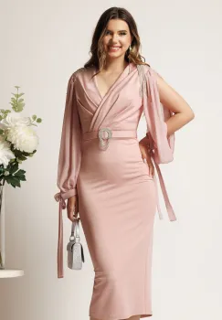 Rochie midi roz din neopren cu franjuri din strasuri la umeri si curea in talie imagine
