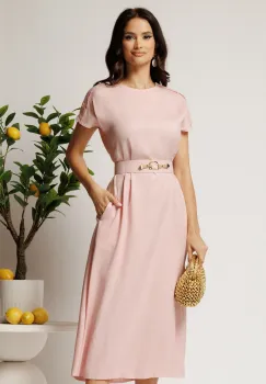 Rochie midi roz din tencel cu croi evazat si curea in talie imagine