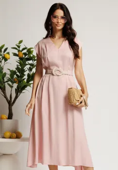 Rochie midi roz din tencel in clos cu cu pliuri si curea in talie imagine