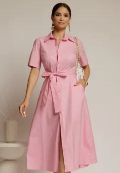 Rochie midi roz tip camasa din poplin cu cordon in talie imagine