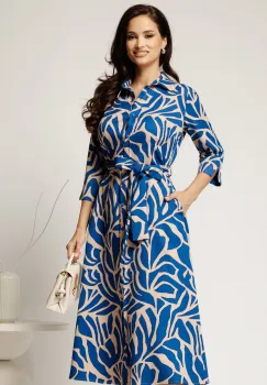 Rochie midi tip camasa bej cu imprimeuri albastre si curea in talie imagine