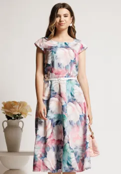 Rochie midi turcoaz cu roz in clos cu buzunare si curea in talie imagine