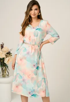 Rochie midi turcoaz in clos din stofa cu flori somon si curea in talie imagine