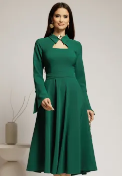 Rochie midi verde cu guler tip camasa si decupaj la decolteu imagine