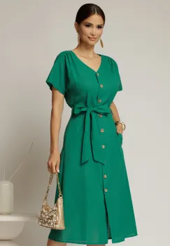 Rochie midi verde de zi din in tip camasa cu manecile scurte imagine