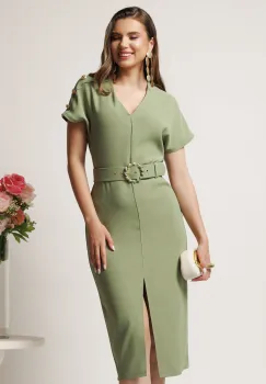 Rochie midi verde maslina conica cu nasturi pe umeri si curea in talie imagine