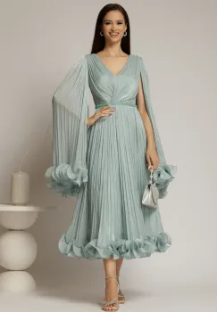 Rochie midi verde menta din voal satinat in clos cu maneci ample si curea din strasuri in talie imagine