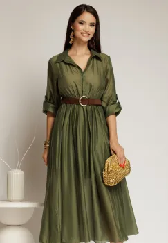 Rochie midi verde olive din tencel si curea maro in talie imagine