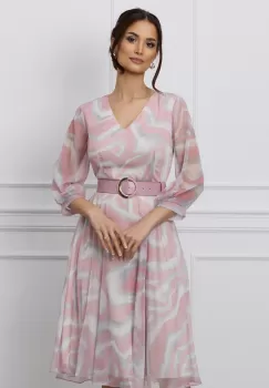 Rochie Milena roz din voal cu imprimeuri gri si curea in talie imagine