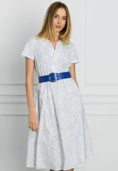Rochie Mira alba cu imprimeu albastru si curea in talie imagine
