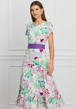 Rochie Mira alba cu imprimeu floral mov si cordon in talie imagine