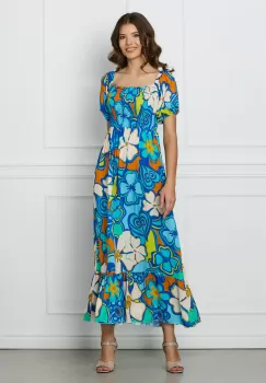 Rochie Mira albastra cu imprimeuri orange si elastic la bust imagine