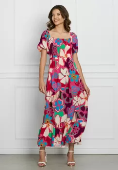 Rochie Mira fucsia cu imprimeuri bej si elastic la bust imagine