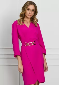 Rochie Mira fucsia cu nasturi la maneci si curea in talie imagine