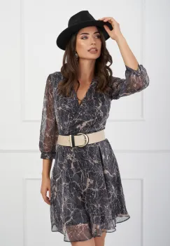 Rochie Mira gri cu imprimeu bej si curea in talie imagine