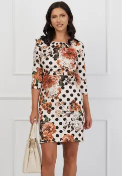 Rochie Mirela bej cu flori maro si curea in talie imagine