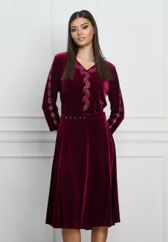 Rochie Mirela bordo din catifea cu strasuri si curea in talie imagine