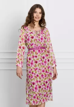 Rochie Mirena ivory cu imprimeuri fucsia si curea in talie imagine