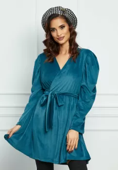 Rochie Miriam bleu din catifea cu cordon in talie imagine
