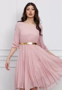 Rochie Miriam roz cu fusta plisata si curea in talie imagine