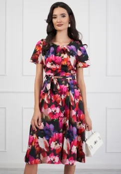Rochie Miruna cu imprimeu floral fucsia si cordon in talie imagine