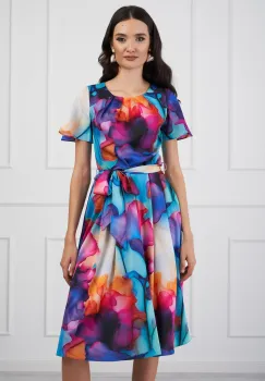 Rochie Miruna cu imprimeu multicolor watercolor si cordon in talie imagine