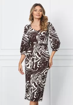 Rochie Miruna maro cu imprimeu alb si curea in talie imagine