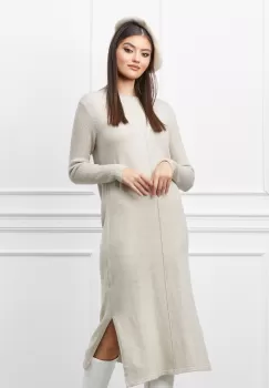 Rochie Moira bej din tricot cu crepeuri la baza imagine